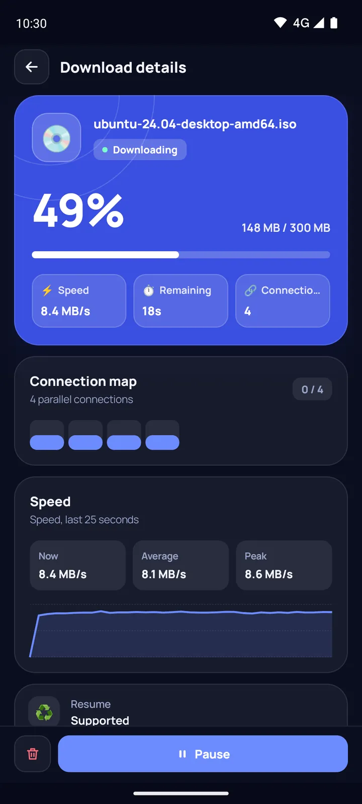 Download details on Android: progress, speed and the connection map