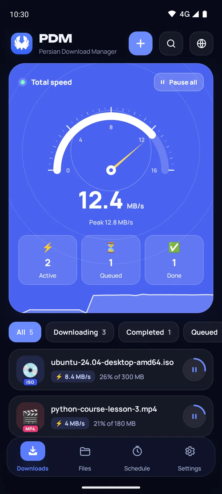 The Android download manager's Downloads screen with the total speed and several downloads at once