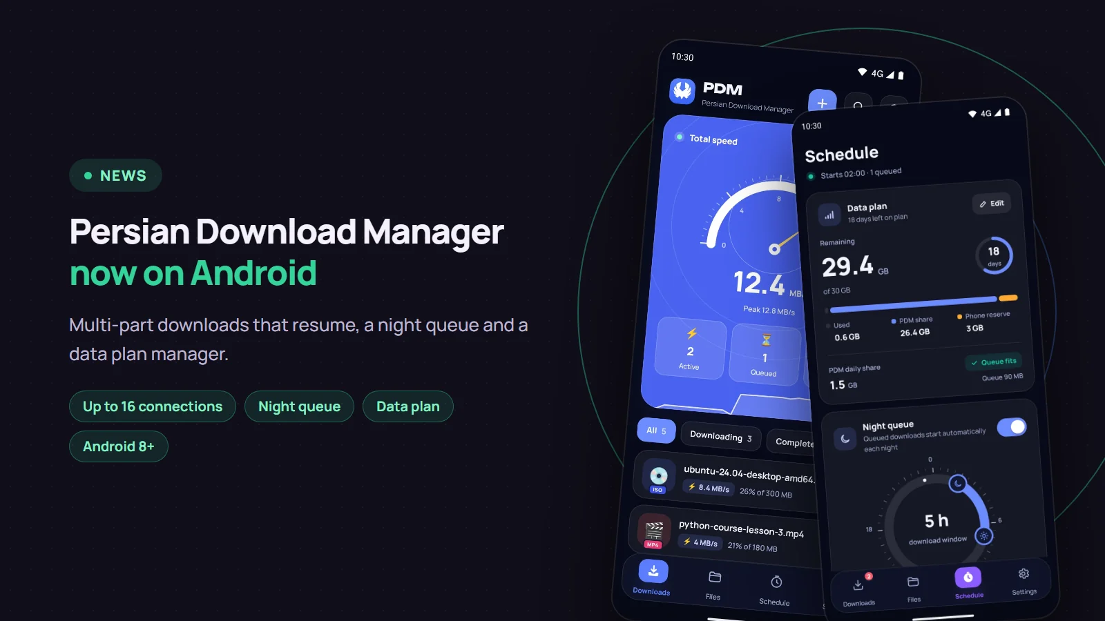 Persian Download Manager for Android: the home screen with total speed and the Schedule screen with the night queue on a phone