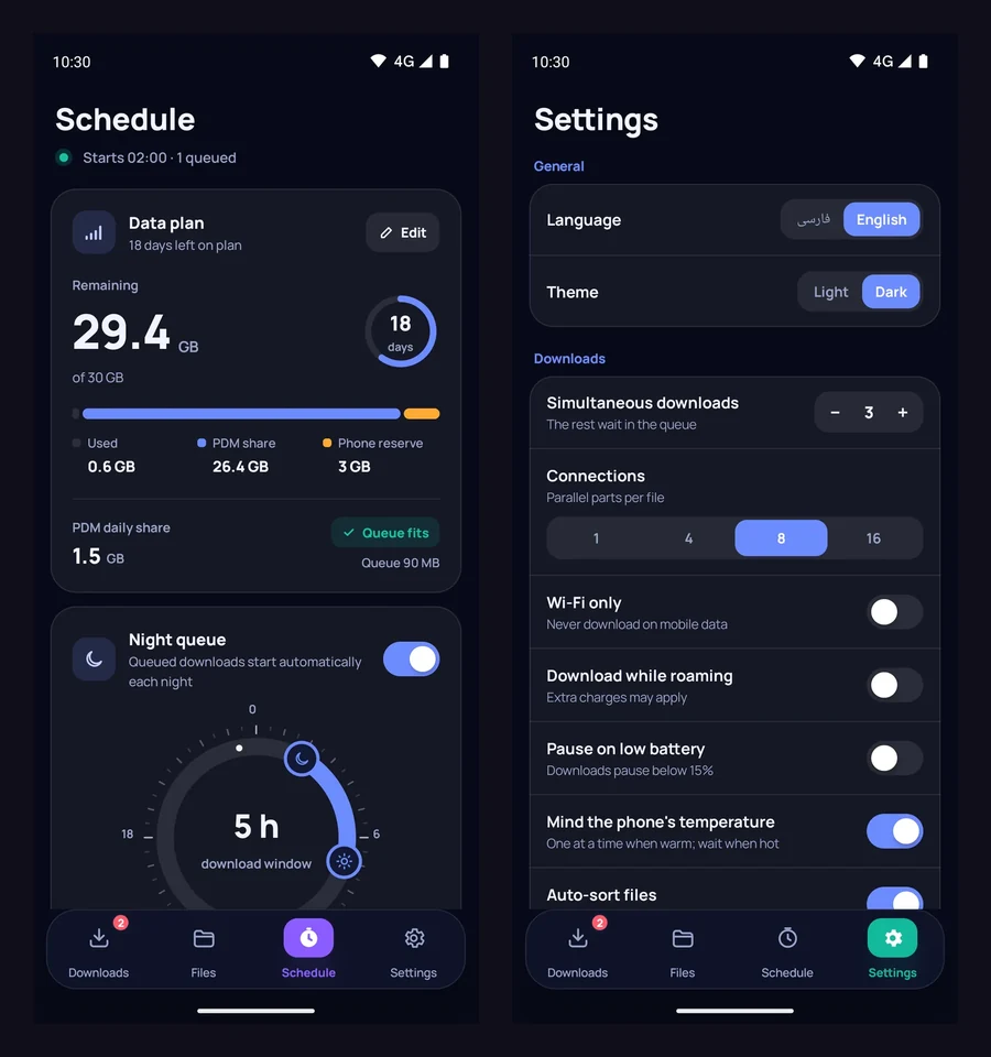 The Schedule screen with the data plan and the night queue, and the Settings screen with Wi-Fi only, roaming and low-battery rules