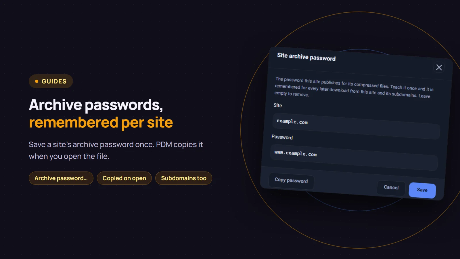 Archive passwords remembered per site: the Site archive password dialog in Persian Download Manager with the Site and Password fields