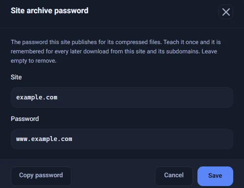 The Site archive password dialog with the Site and Password fields and the Save and Copy password buttons