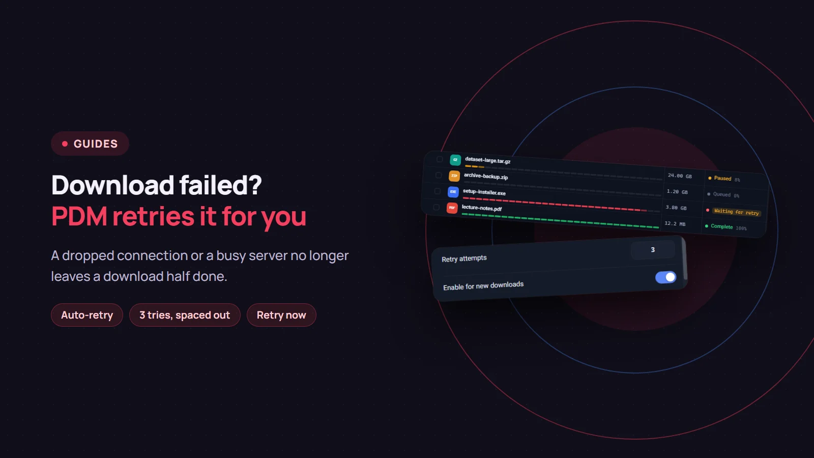 Download failed? Persian Download Manager retries it: the download list with a "Waiting for retry" label and the "Retry attempts" setting
