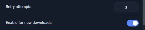 The Connection page in Settings with "Retry attempts" set to 3 and "Enable for new downloads" turned on
