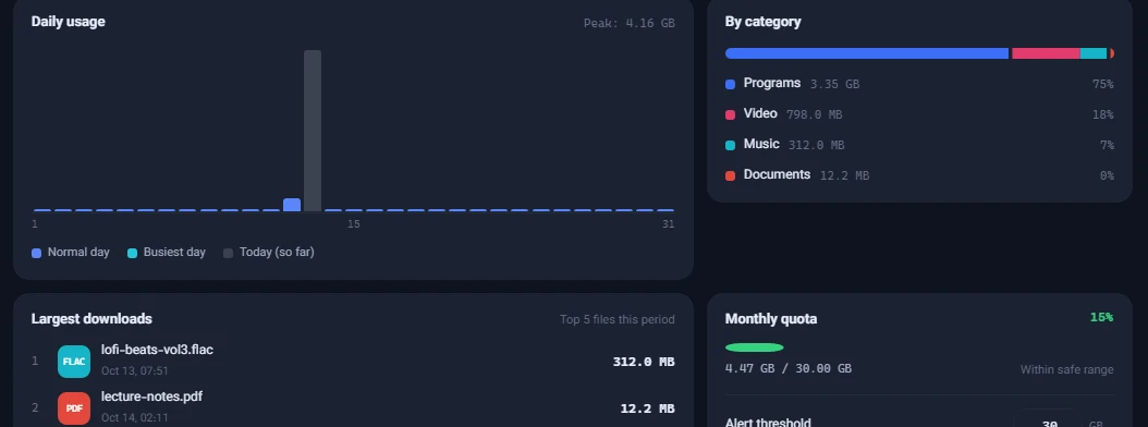The Usage report screen with Daily usage, By category, Largest downloads and Monthly quota