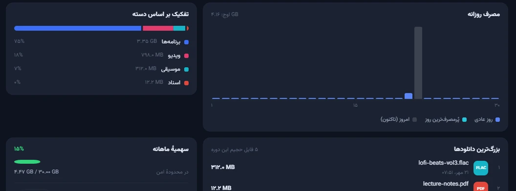 صفحهٔ «گزارش مصرف» با نمودار «مصرف روزانه»، «تفکیک بر اساس دسته»، «بزرگترین دانلودها» و «سهمیهٔ ماهانه»