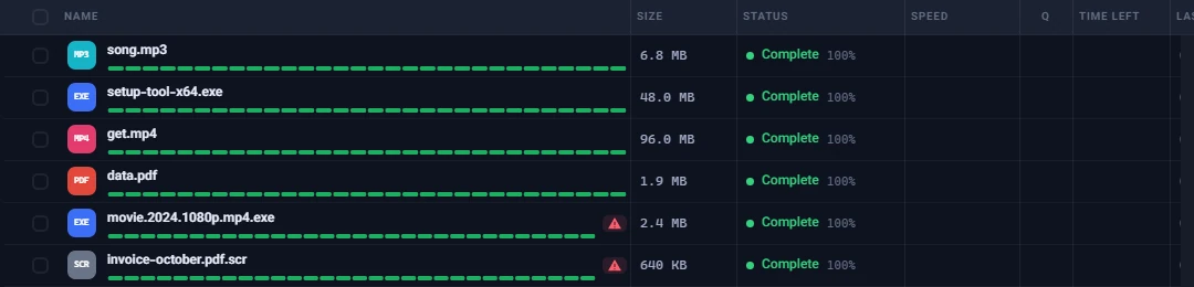 The download list in Persian Download Manager with red warning badges next to movie.2024.1080p.mp4.exe and invoice-october.pdf.scr