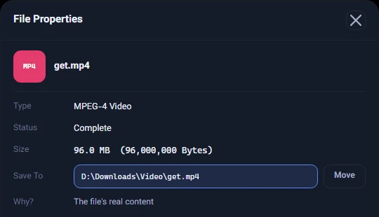 File Properties for get.mp4, with "The file's real content" next to "Why?"