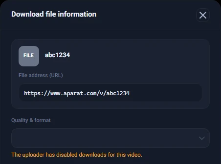 The Download file information window with "The uploader has disabled downloads for this video." under the quality list