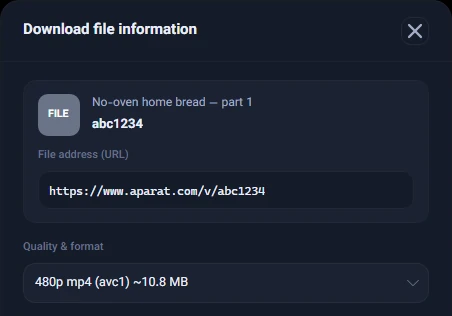 The Download file information window for an Aparat video: the video title, the page link and 480p selected at about 10.8 MB
