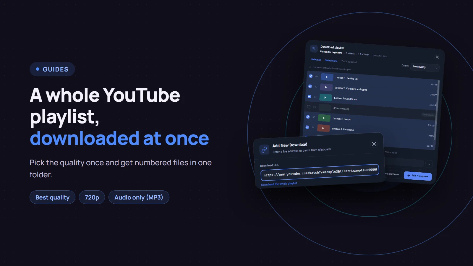 A whole YouTube playlist downloaded at once: the Download playlist window and the Add download dialog in Persian Download Manager