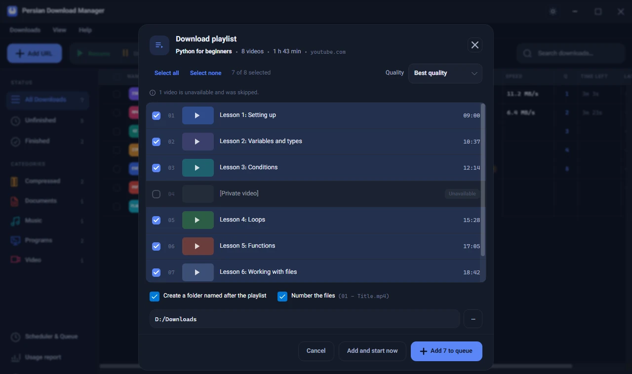 The Download playlist window in Persian Download Manager, with the video list, the quality menu and the file-numbering option