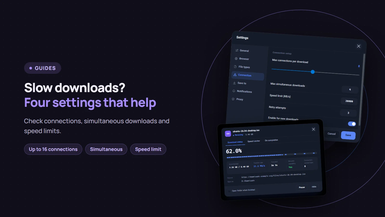 Slow downloads? Four settings that help: the Connection settings page and the download progress window with one bar per connection in Persian Download Manager