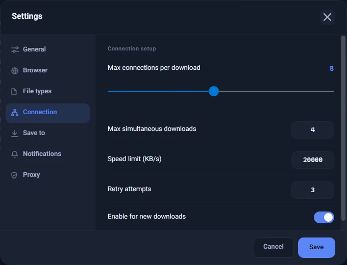 The Connection page in Settings with the "Max connections per download" slider, "Max simultaneous downloads" and "Speed limit"
