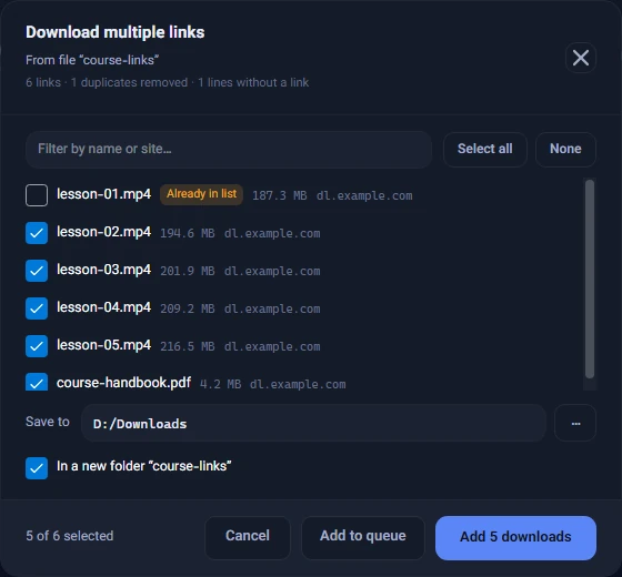 The Download multiple links window for the file "course-links": six files with their sizes, one tagged "Already in list", and the option "In a new folder “course-links”"