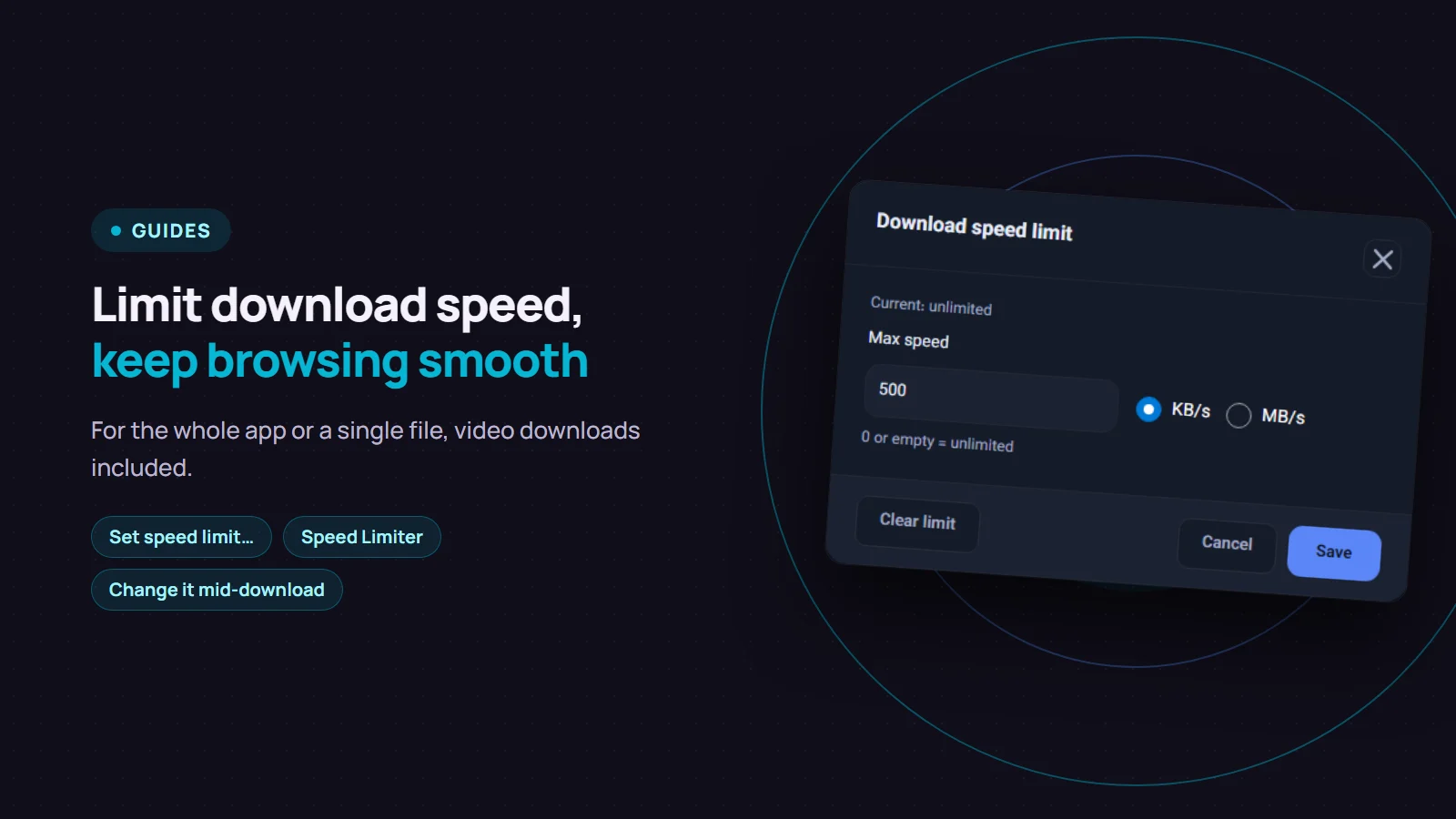 Limit download speed: the Download speed limit dialog in Persian Download Manager set to 500 KB/s