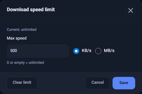 The Download speed limit dialog with "Max speed" set to 500 KB/s