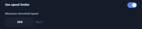 The Speed Limiter tab of the progress window with "Use speed limiter" on and a maximum of 500 KB/s