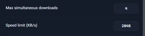 The Connection page in Settings with "Speed limit (KB/s)" set to 2048