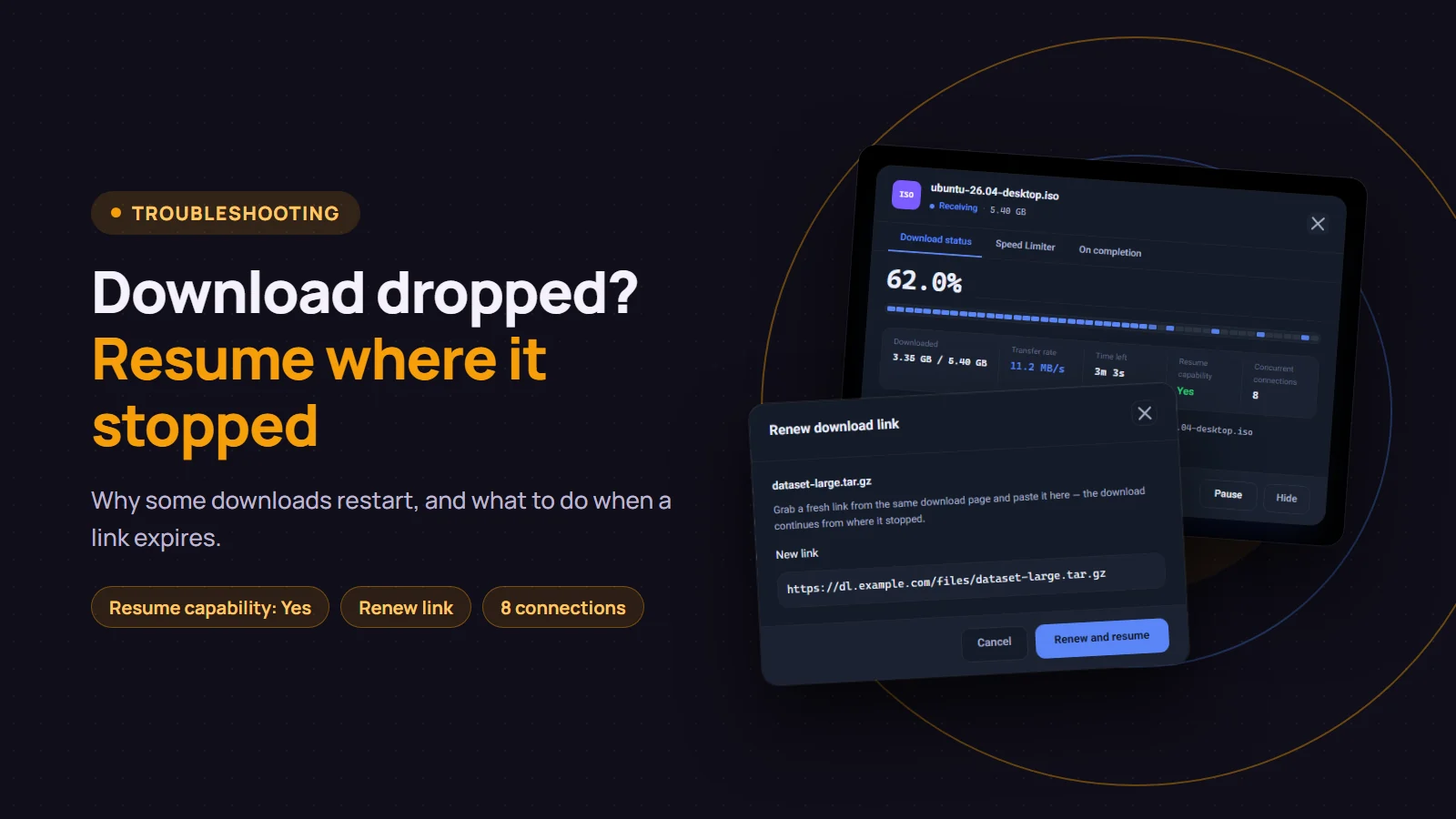 Download dropped? Persian Download Manager resumes where it stopped: the download progress window and the Renew download link dialog