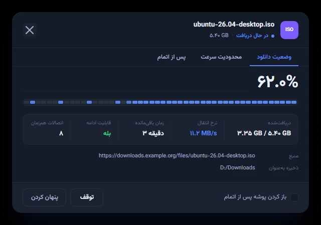 پنجرهٔ پیشرفت دانلود در پرشین دانلود منیجر با هشت اتصال هم‌زمان و «قابلیت ادامه: بله»