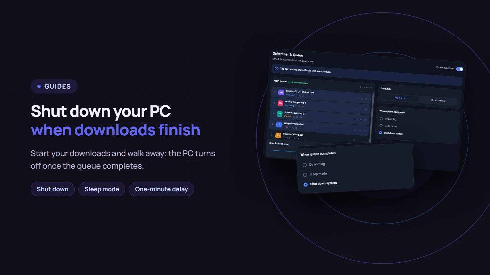 Shut down your PC automatically when downloads finish: the Scheduler & Queue screen in Persian Download Manager with "Shut down system" under "When queue completes"