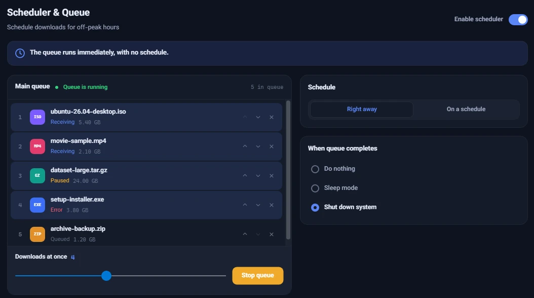 The Scheduler & Queue screen with "Right away" under "Schedule" and "Shut down system" under "When queue completes"