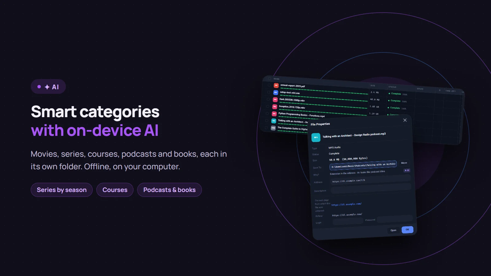 A download manager with on-device AI: the Persian Download Manager list with "✦ AI" badges and the File Properties window explaining why a folder was chosen