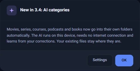 The "New in 3.4: AI categories" card with the Settings and OK buttons
