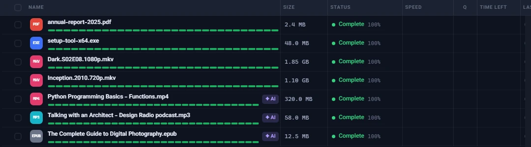The download list in Persian Download Manager with "✦ AI" badges next to a course, a podcast and a book