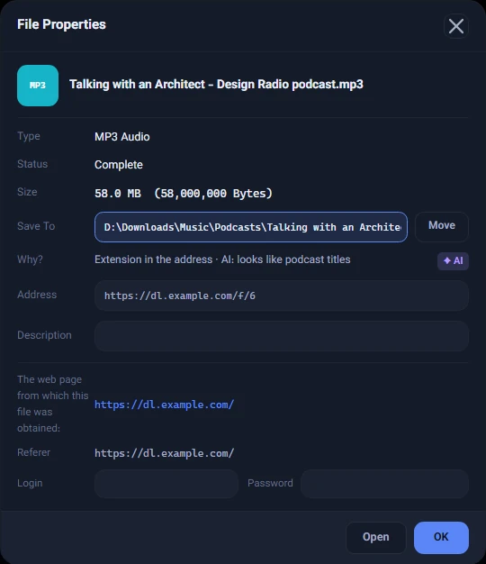 File Properties for a podcast: saved to Music\Podcasts, with "AI: looks like podcast titles" next to "Why?" and the "✦ AI" badge