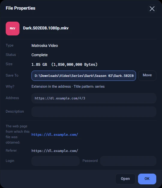 File Properties for an episode of a series: "Title pattern: series" next to "Why?", and no AI badge