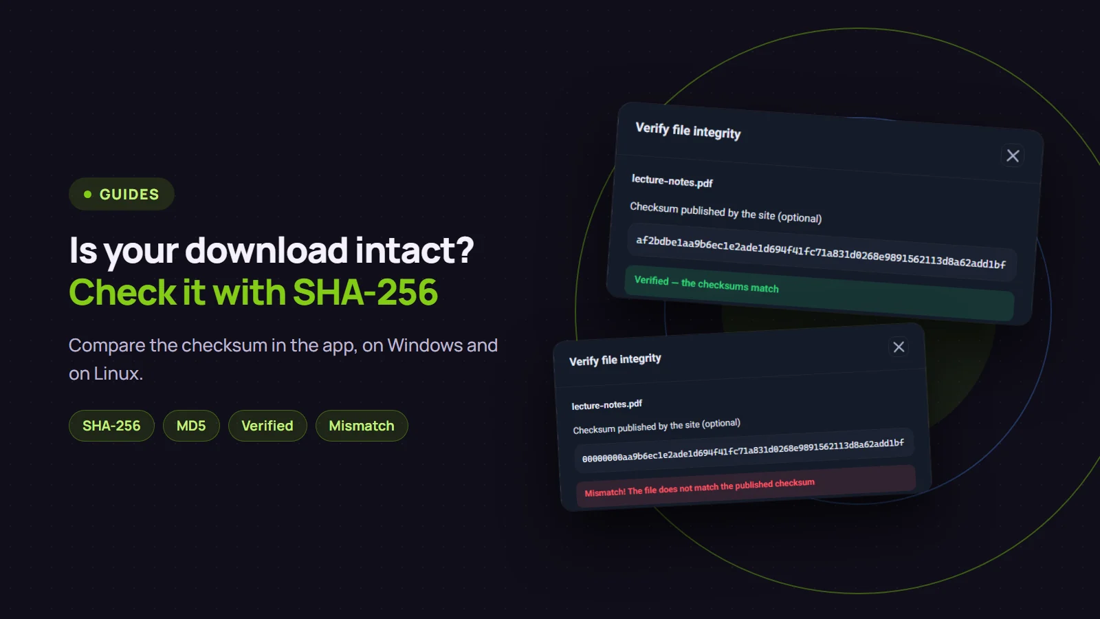 Is your download intact? Check it with SHA-256: the Verify file integrity window of Persian Download Manager showing a match and a mismatch