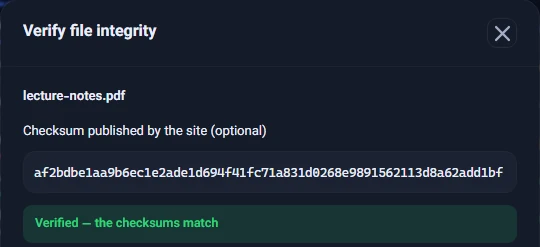 The Verify file integrity window with the message "Verified — the checksums match"
