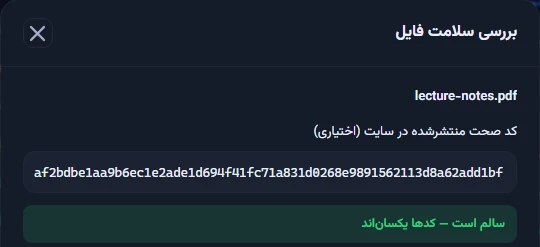 پنجرهٔ «بررسی سلامت فایل» با پیام «سالم است — کدها یکساناند»