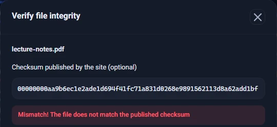 The Verify file integrity window with the message "Mismatch! The file does not match the published checksum"