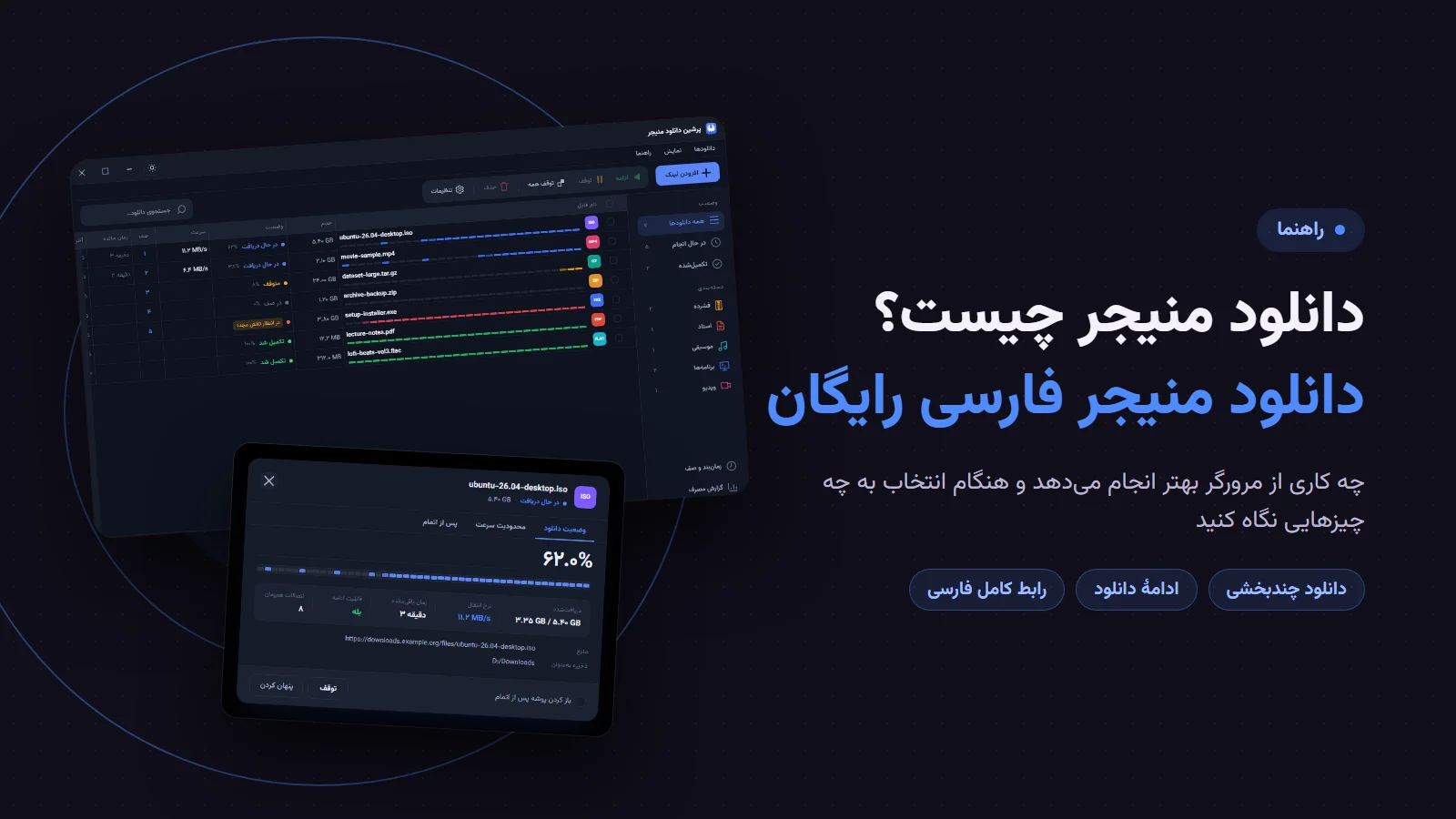 دانلود منیجر چیست؟ پنجرهٔ اصلی پرشین دانلود منیجر، یک دانلود منیجر فارسی رایگان، با فهرست دانلودها و پنجرهٔ پیشرفت دانلود