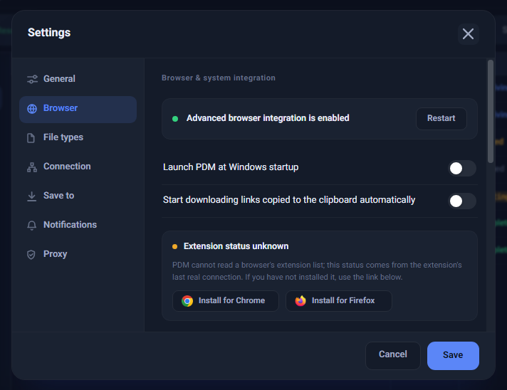 Settings → Browser: where the repair button and extension status live