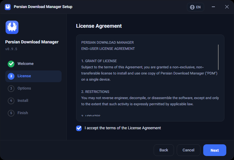 Step 2 — accept the licence; Next stays disabled until you do