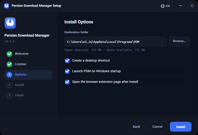 Step 3 — destination folder and install options