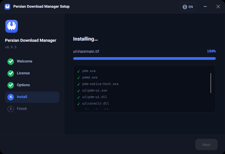 Step 4 — installing, with real progress and the file being copied