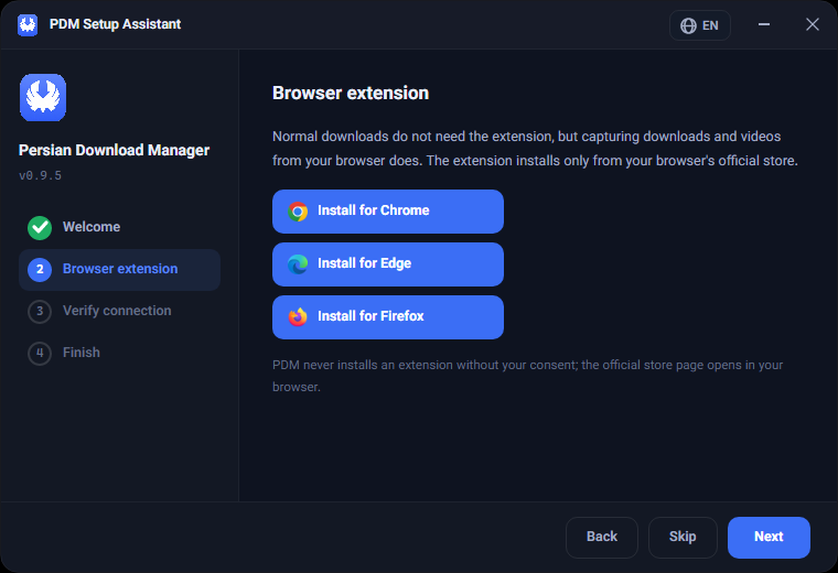 The "Browser extension" step of the PDM setup assistant