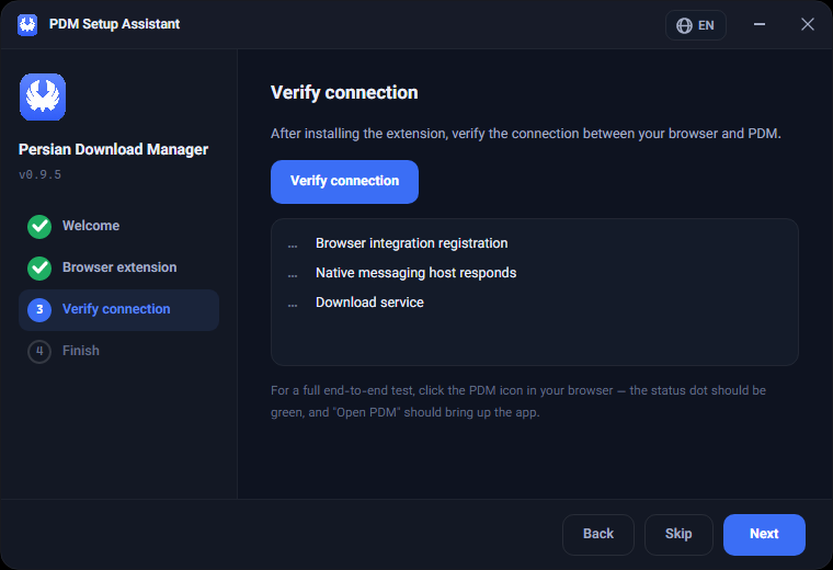 The "Verify connection" step — all three checks must connect