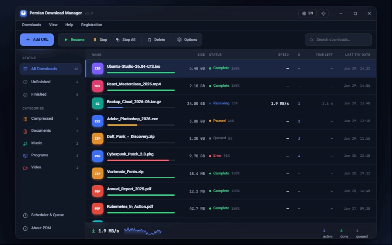 مساحة عمل التنزيلات في Persian Download Manager